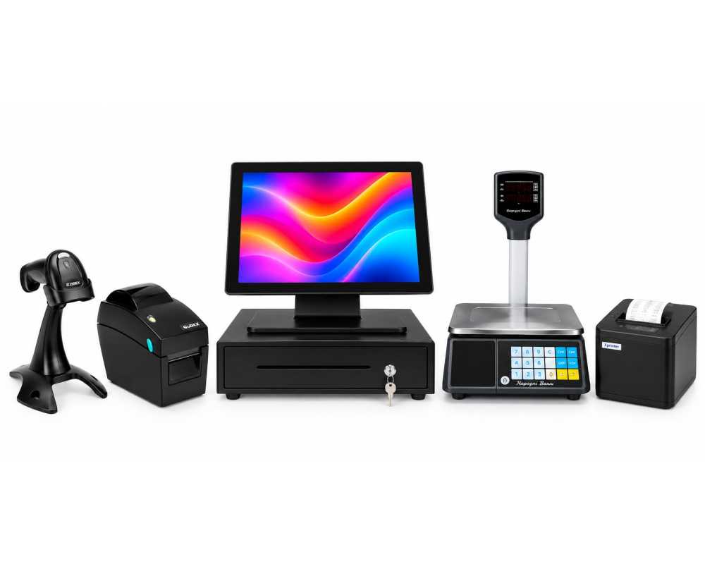 Комплект оборудования (POS-монитор + весы + принтер чеков + принтер этикеток + сканер + денежный ящик)
